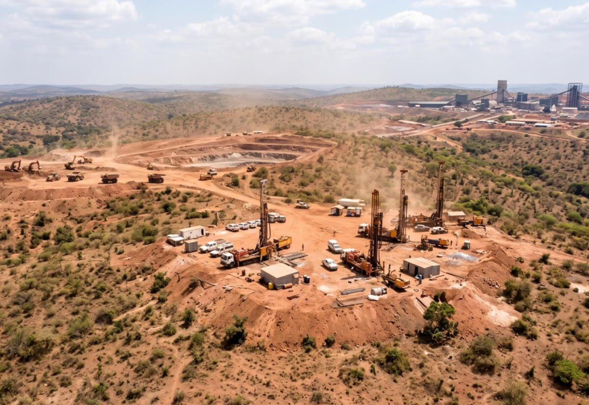 Aerial view of copper exploration drilling and mining operations at the Makoko District in the DRC